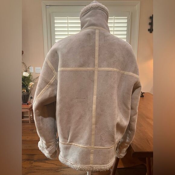 Faux Suede Shearling Aviator Biker Jacket Cream Sherpa Lined Buckle Cozy Est XL - Picture 6 of 10